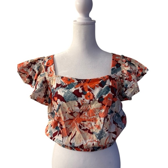 Luna Moon Abstract Print Ruffle Sleeve Crop Top Blouse Large - Picture 2 of 7